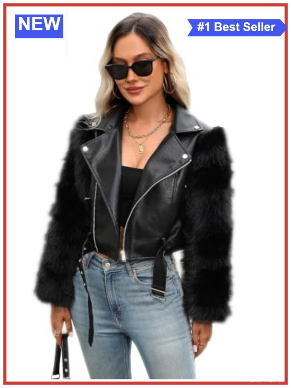 Croc-Texture Faux Leather Jacket Fur Sleeve Cropped Moto